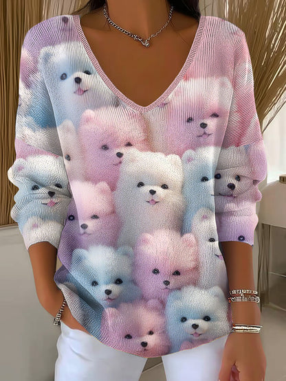 Femmes Lovely Cats V-Neck Haut côtelé