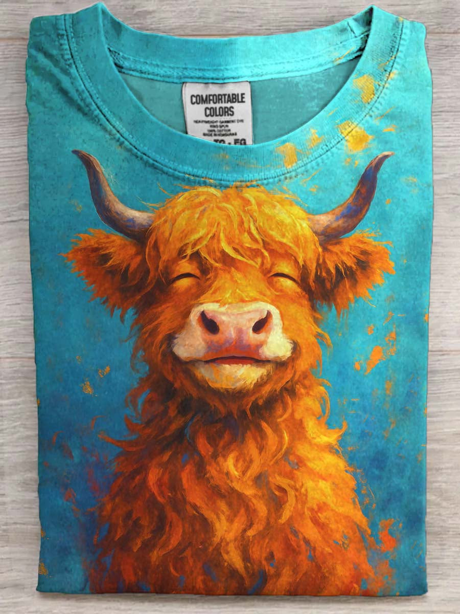 Peinture à l'huile abstraite Highland Cow Print T-shirt décontracté à manches courtes