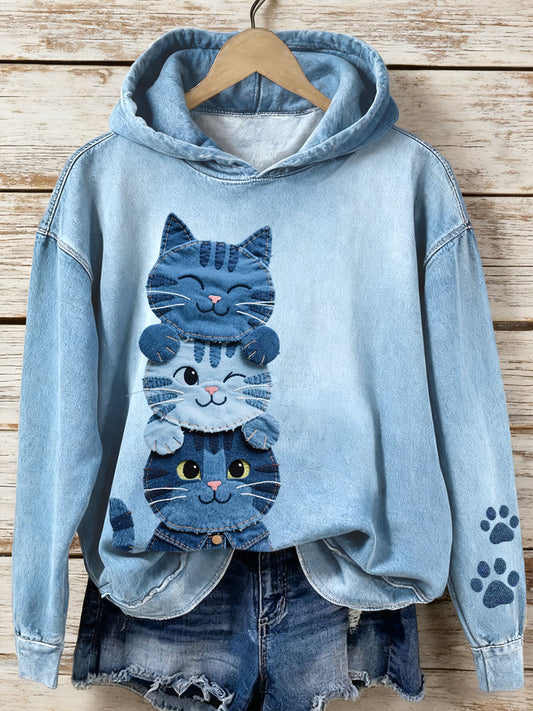 Femmes Denim Patchwork Art Cat Motif Hoodie