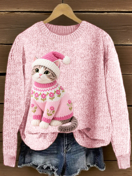 Charmant Chat Crochet Motif Cozy Tricot Pull Femme