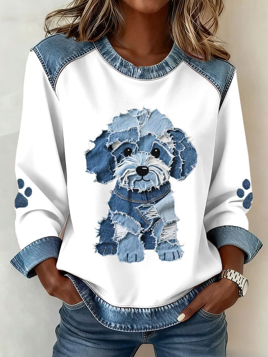 Lovely Furry Dog Pattern Denim Patchwork Art Sweatshirt des femmes