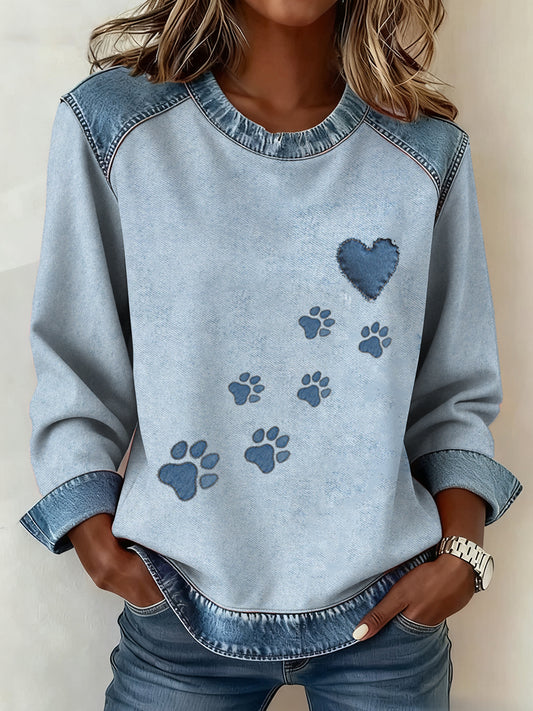 Sweat à col rond en denim Dog Paw pour femme