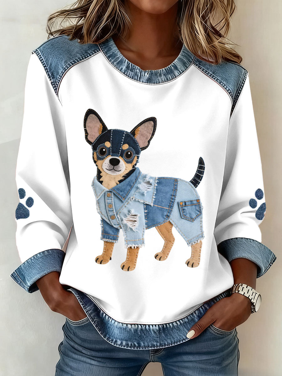 Charmant Chihuahua Chien Motif Denim Patchwork Art Sweatshirt des femmes