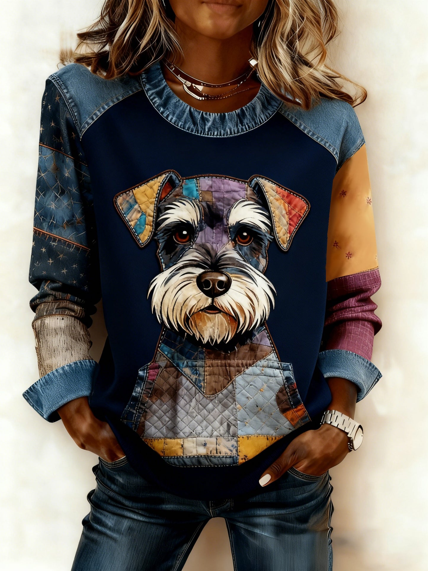Sweat-shirt Femme Art Dog Denim Patchwork