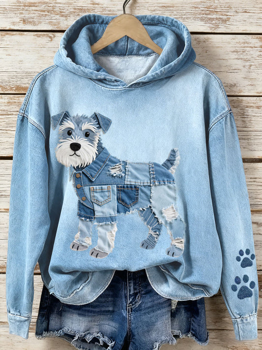 Femmes Denim Patchwork Art Schnauzer Chien Motif Hoodie