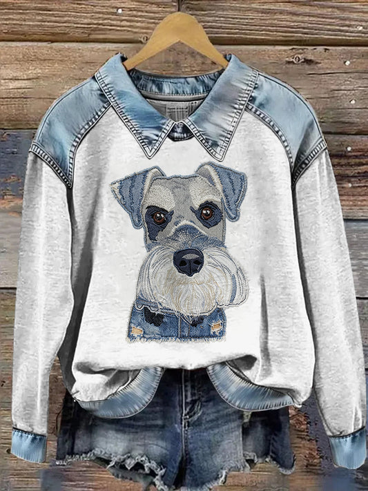 Cow-boy Collage Animal Imprimé Denim Patchwork Lapel Sweat à manches longues pour femmes