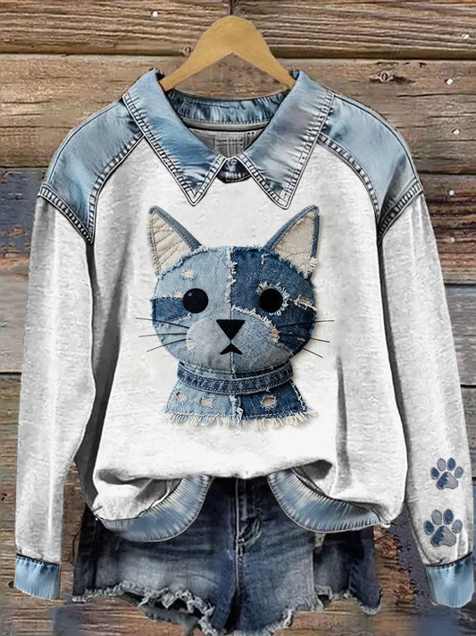 Cow-boy Collage Animal Imprimé Denim Patchwork Lapel Sweat à manches longues pour femmes