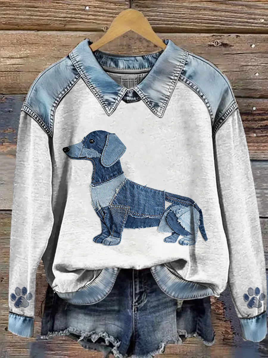Cow-boy Collage Animal Imprimé Denim Patchwork Lapel Sweat à manches longues pour femmes