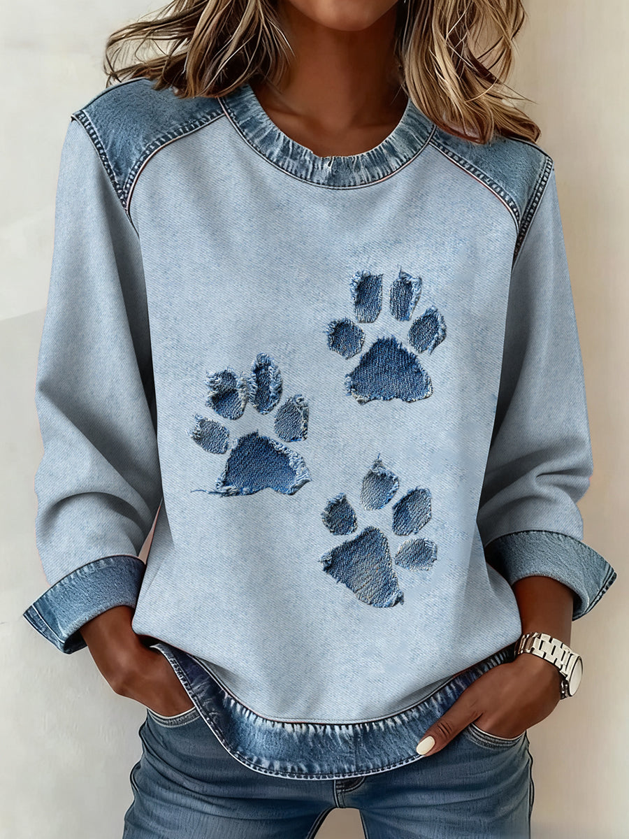 Sweat à col rond en denim Dog Paw pour femme