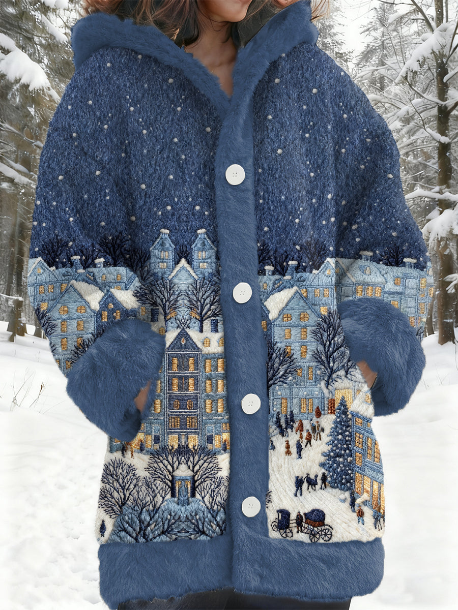 Manteau à motif de scène de neige de Noël en flanelle pour femmes