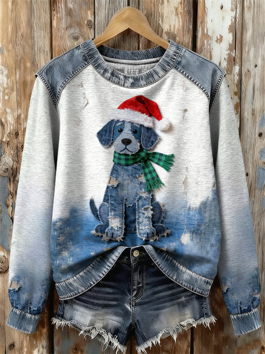 Sweat-shirt à imprimé chien rétro de Noël pour femmes