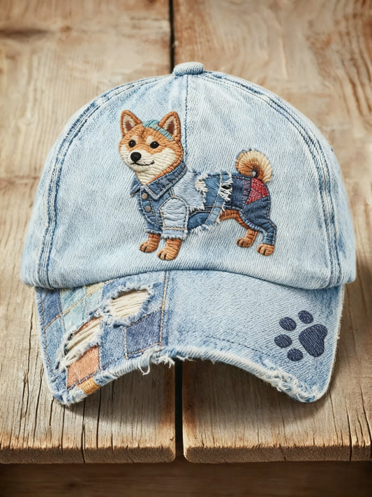 Chapeau de lavage décontracté à imprimé de tissu de denim de chien mignon rétro