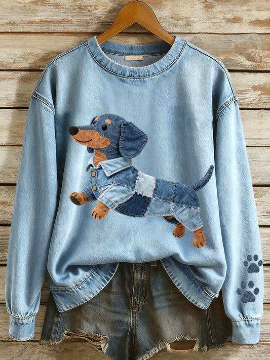 Femmes Denim Patchwork Art Teckel Chien Motif Sweatshirt