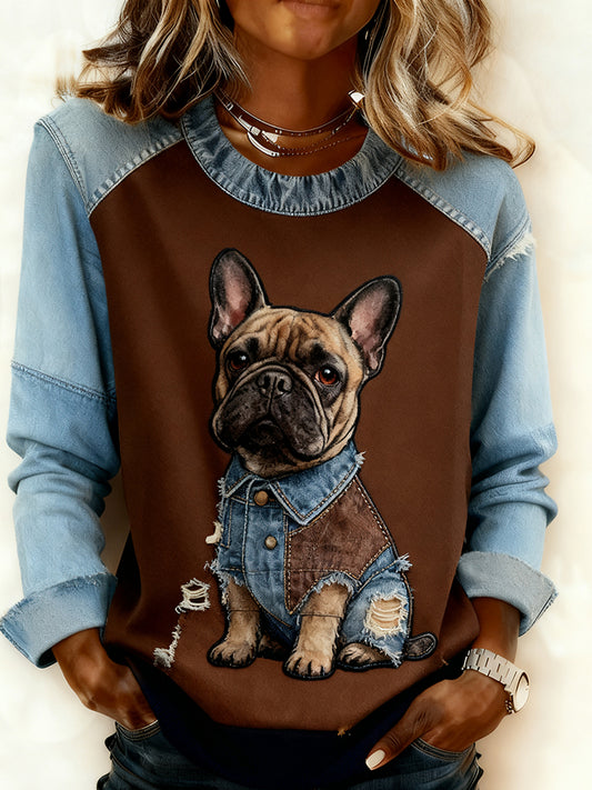 Retro Animal Art Print confortable Denim Patchwork Sweatshirt pour femmes