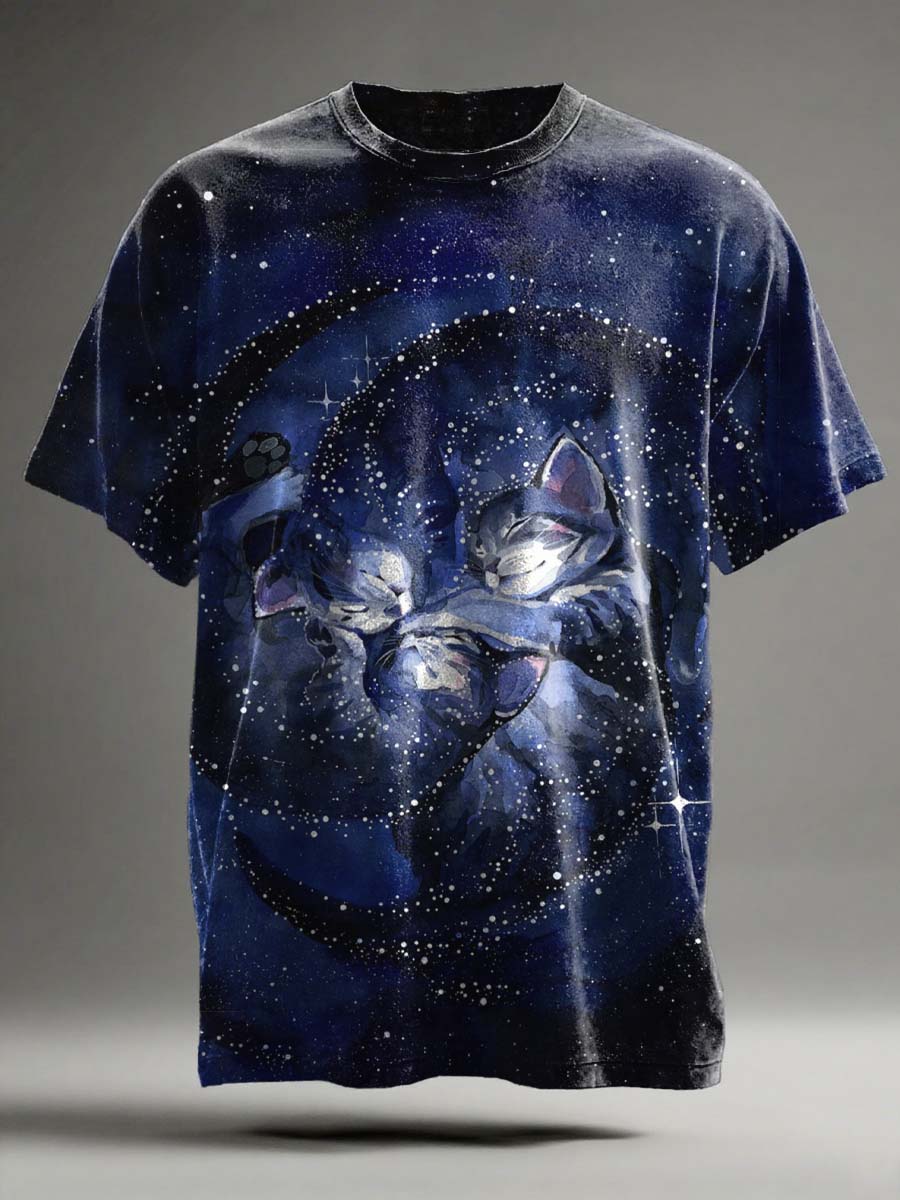 T-shirt à manches courtes décontracté à imprimé chat Goodnight