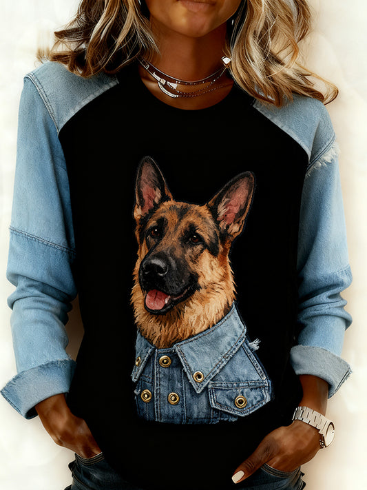 Retro Animal Art Print confortable Denim Patchwork Sweatshirt pour femmes