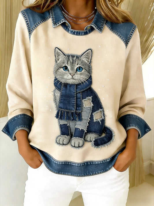Rétro Mignon Chat Denim Écharpe Patchwork Imprimé Casual Loose Manches Longues Revers Sweat