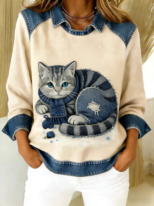 Rétro Mignon Chat Denim Écharpe Patchwork Imprimé Casual Loose Manches Longues Revers Sweat