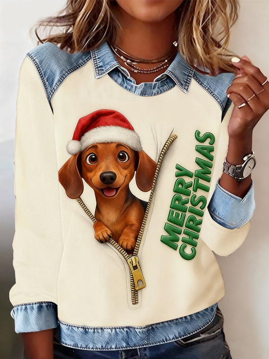Sweat-shirt décontracté patchwork imprimé chien de Noël pour femmes