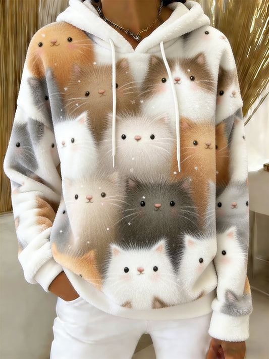 Sweat à capuche en flanelle à imprimé chat mignon pour femmes