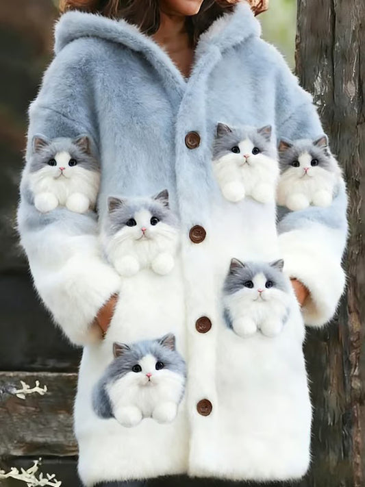 Veste chaude en flanelle à imprimé chat animal pour femmes