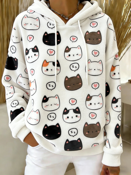 Sweat à capuche en flanelle à imprimé chat mignon pour femmes