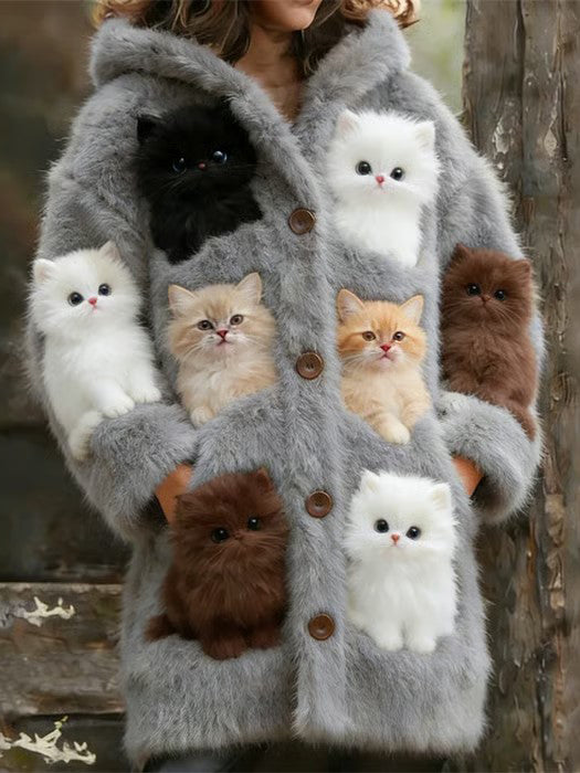 Veste chaude en flanelle à imprimé chat animal pour femmes