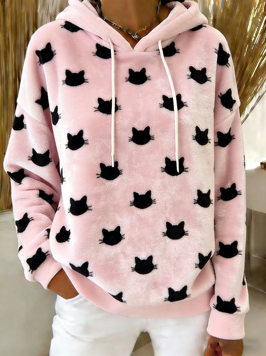 Sweat à capuche en flanelle à imprimé chat mignon pour femmes