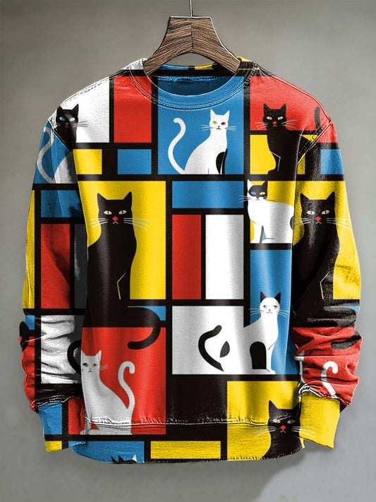 Abstrait Patchwork Contraste Couleur Chat Imprimer Casual Crewneck Sweatshirt