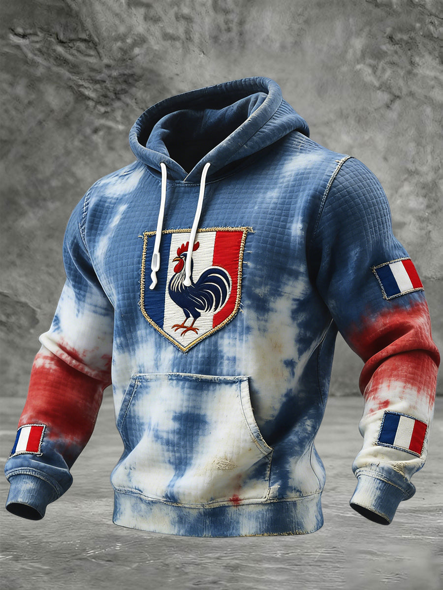 Rétro drapeau français coq tie-dye à capuche gaufré décontracté
