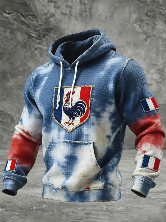 Rétro drapeau français coq tie-dye à capuche gaufré décontracté