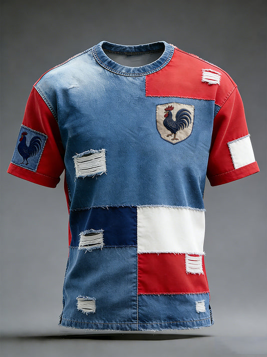 Modèle de coq drapeau français rétro Patchwork Color-Block T-shirt décontracté et confortable
