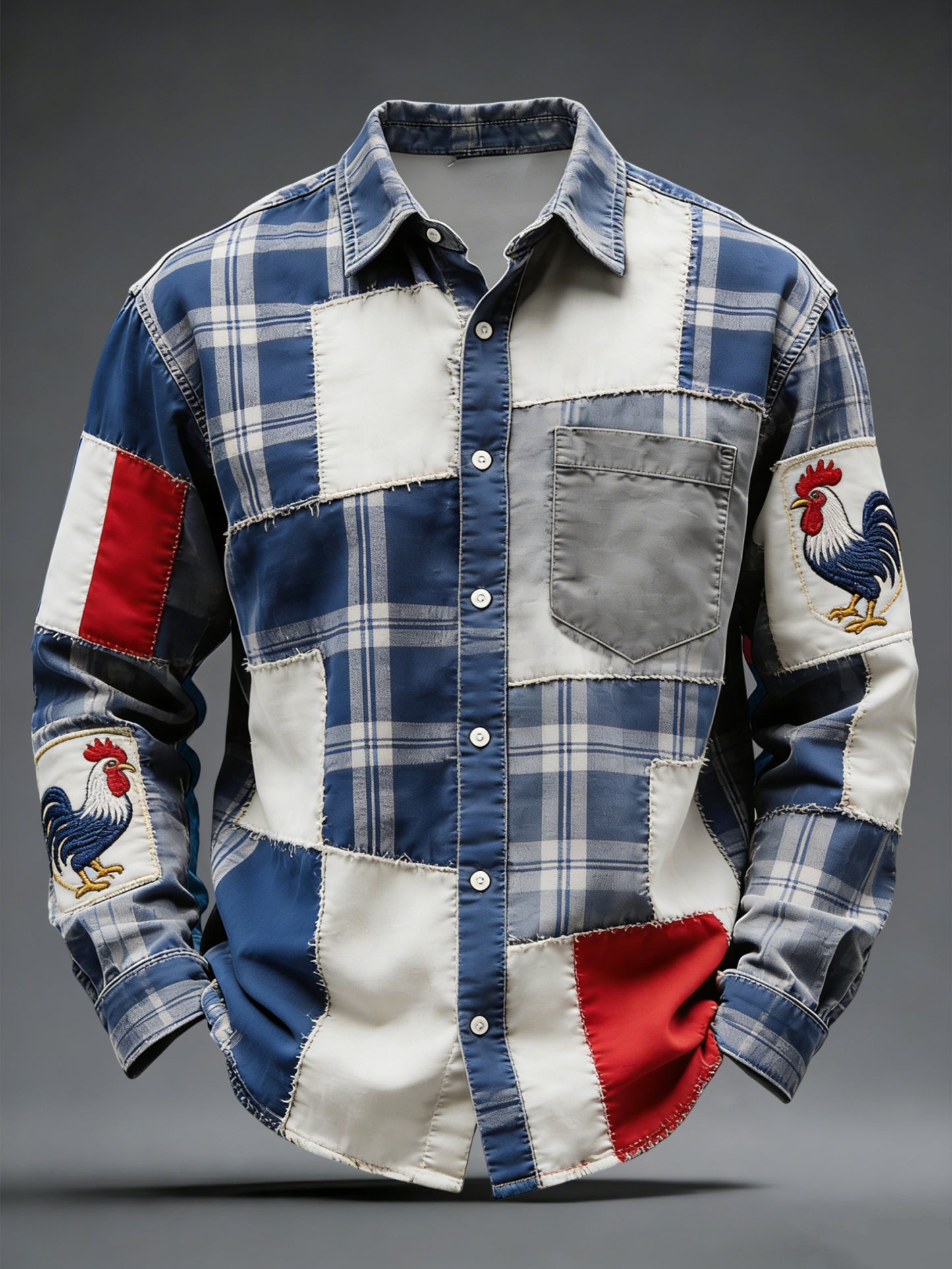 Rétro Français Coq Drapeau Plaid Patchwork Chemise Décontractée