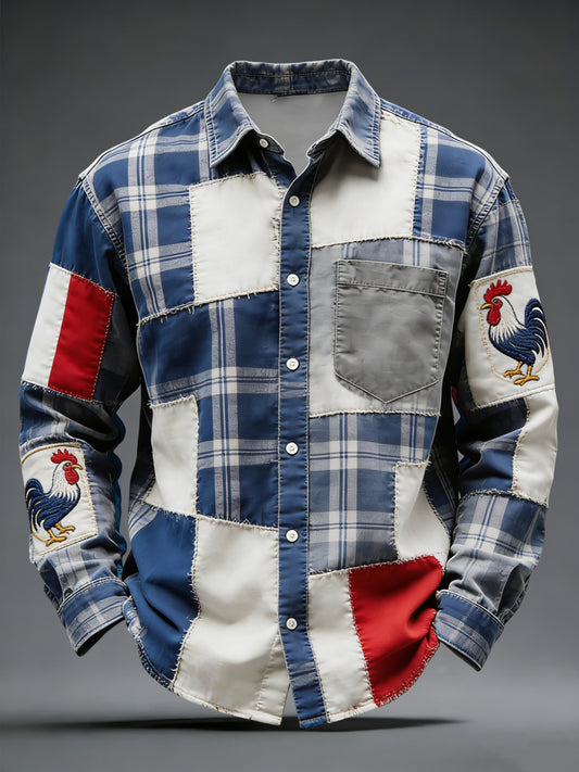 Rétro Français Coq Drapeau Plaid Patchwork Chemise Décontractée