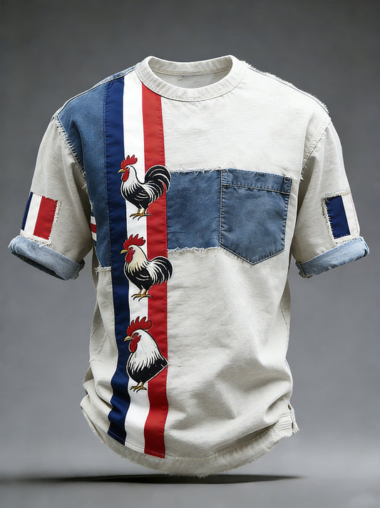 Modèle de coq drapeau français rétro Patchwork Color-Block T-shirt décontracté et confortable