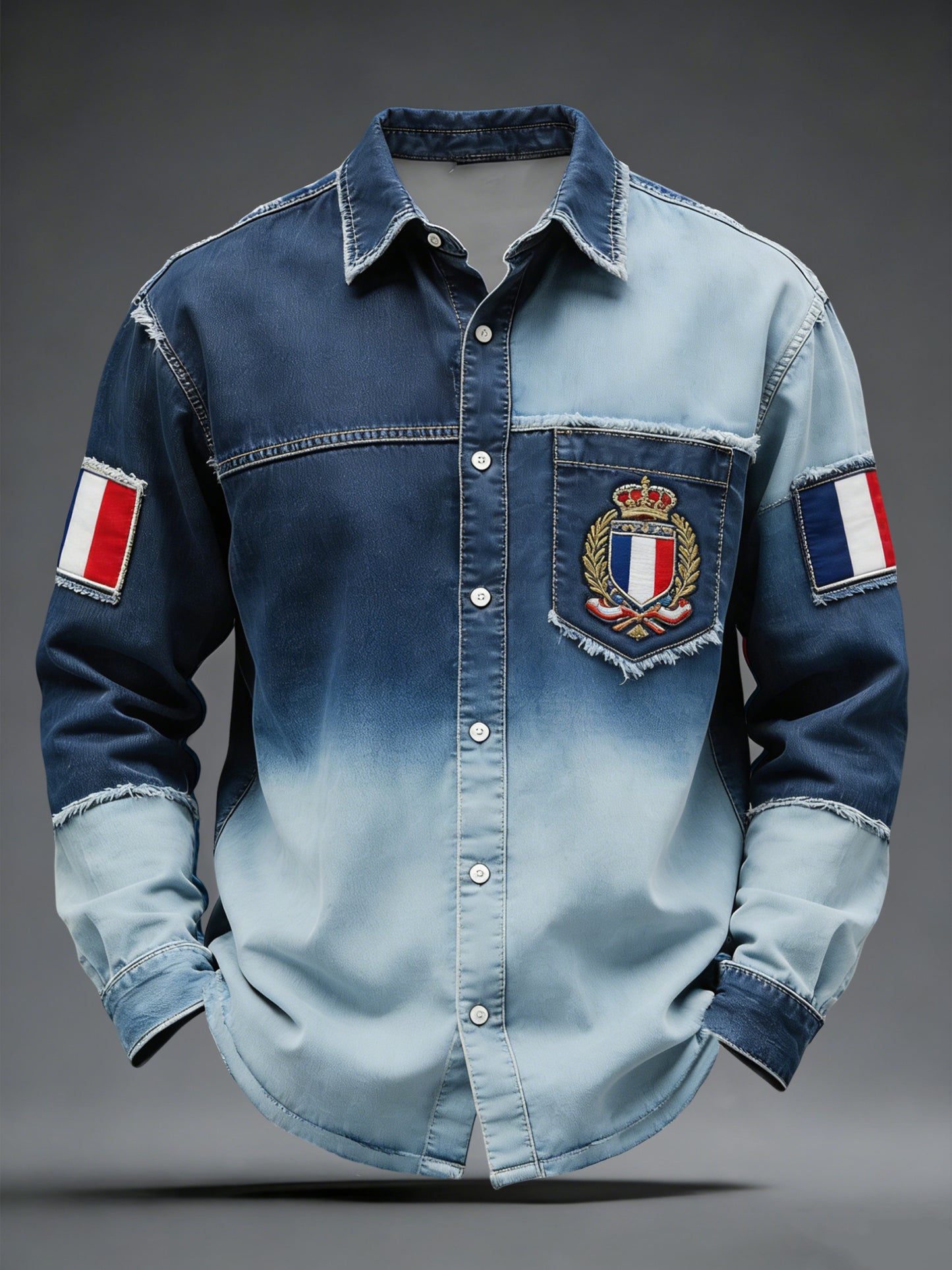 Chemise Décontractée Rétro Drapeau Français Emblème Denim Patchwork
