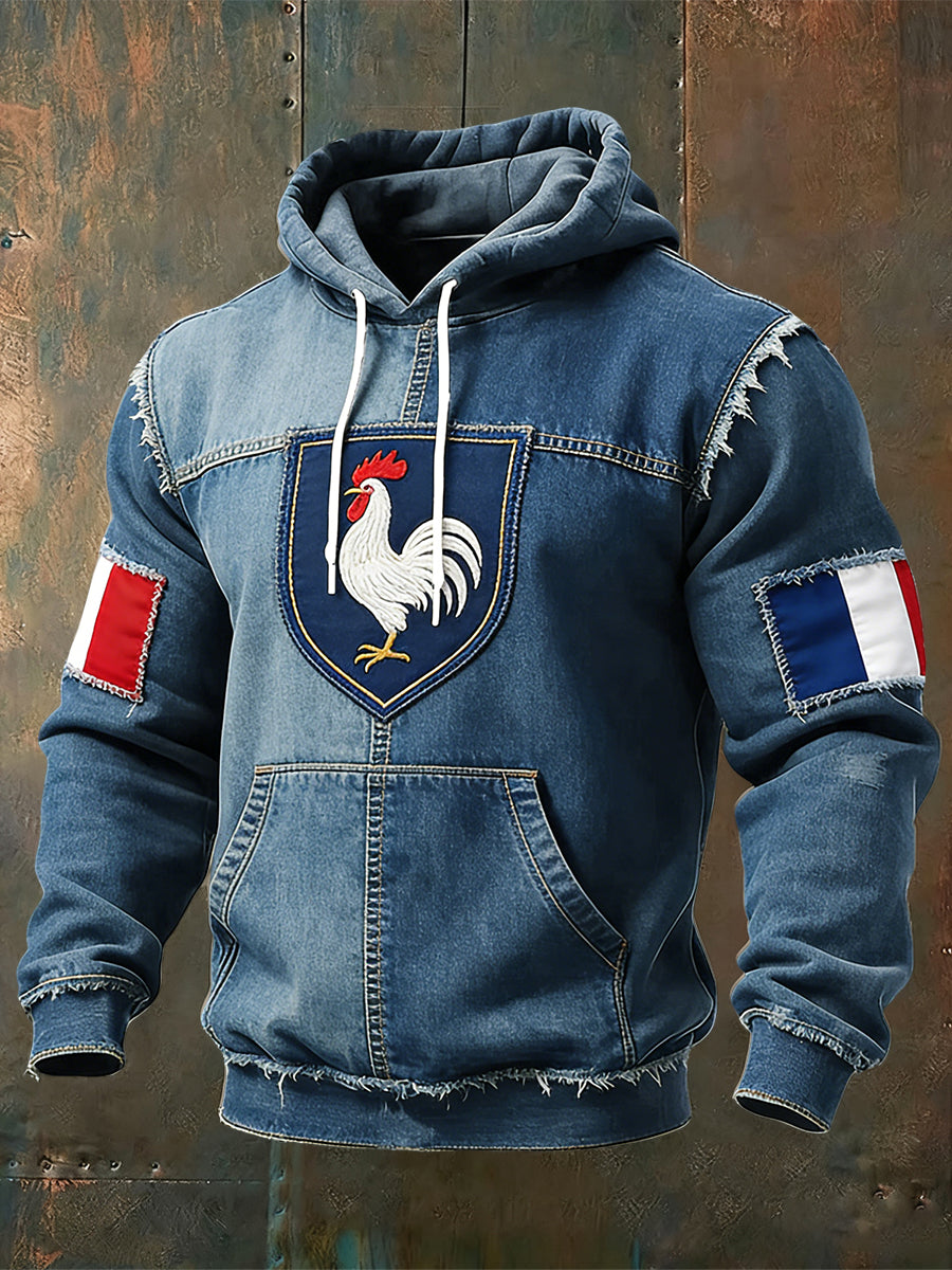 Rétro Français Coq Emblème Drapeau Patch Casual Hoodie