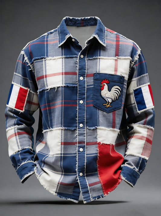 Rétro Français Coq Emblème À Carreaux Patchwork Chemise Décontractée