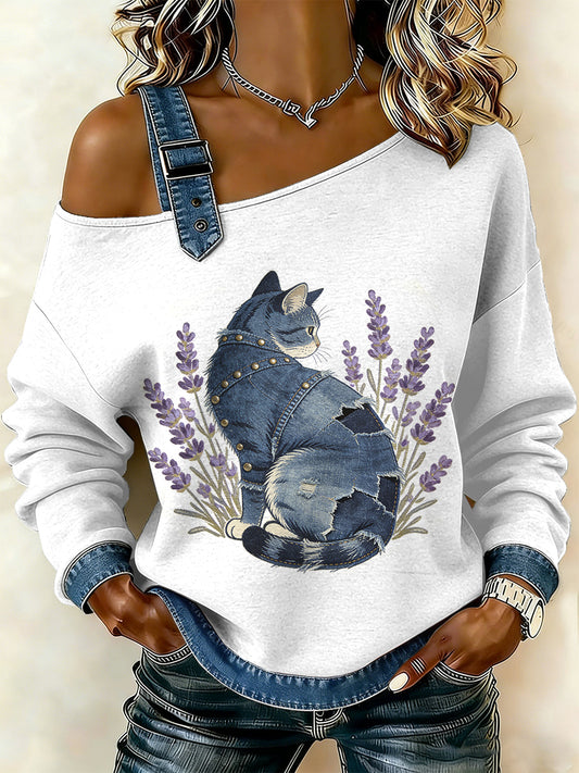 Sweat-shirt décontracté à épaules dénudées pour femmes Vintage Cat Patchwork