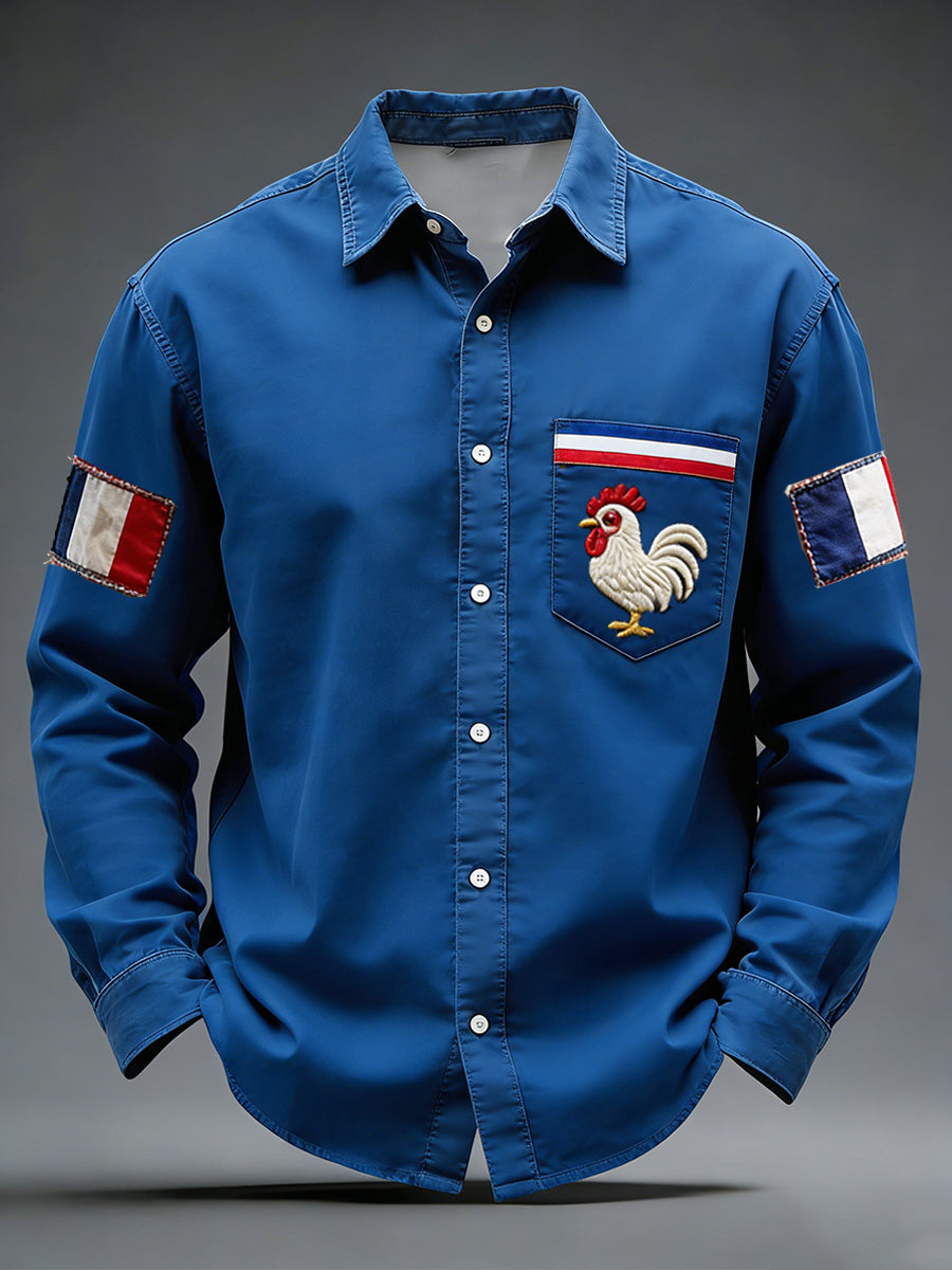 Rétro Drapeau Français Coq Patchwork Color-Block Casual Et Confortable Chemise