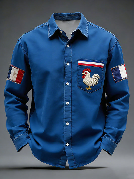 Rétro Drapeau Français Coq Patchwork Color-Block Casual Et Confortable Chemise