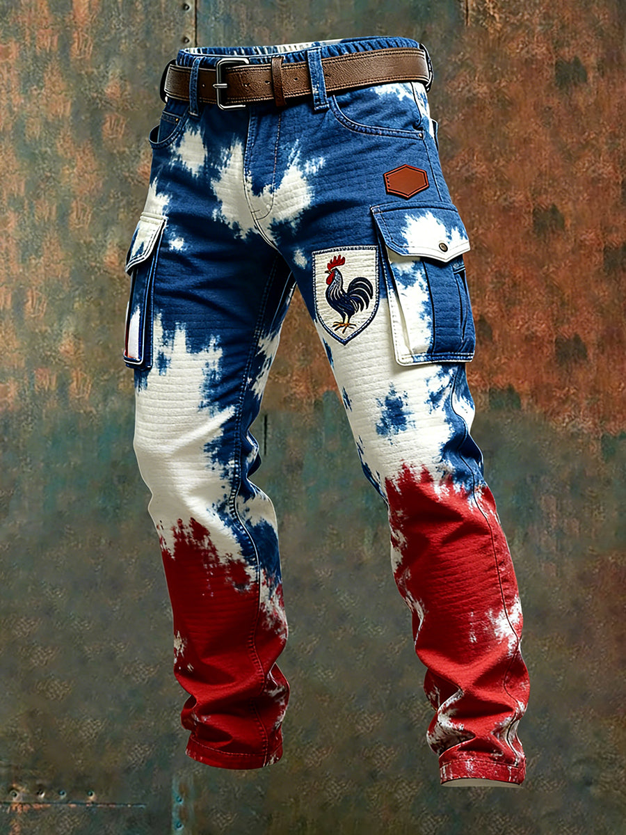 Hommes Vintage Drapeau Français Et Gallic Coq Imprimer Business Casual Pantalon De Travail