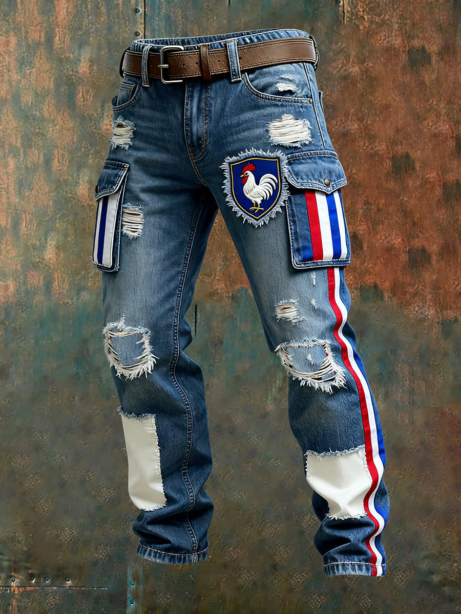 Hommes Vintage Drapeau Français Et Gallic Coq Imprimer Business Casual Pantalon De Travail