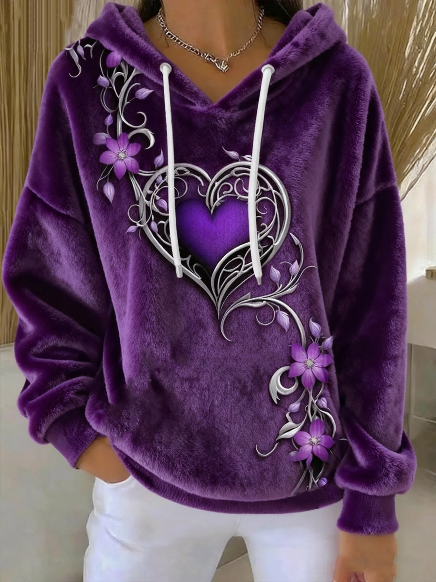 Sweat à capuche en flanelle imprimé floral violet vintage pour femmes