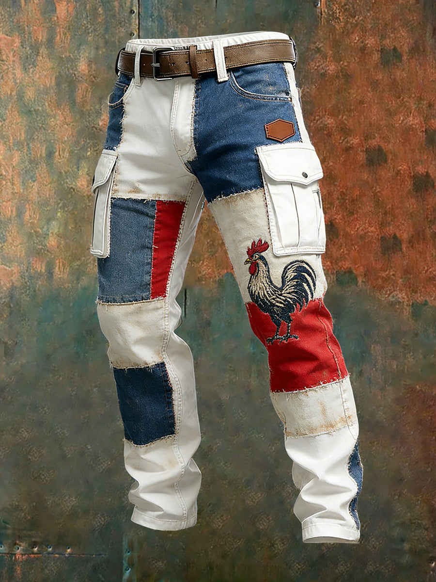 Hommes Vintage Drapeau Français Et Gallic Coq Imprimer Business Casual Pantalon De Travail