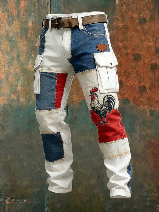 Hommes Vintage Drapeau Français Et Gallic Coq Imprimer Business Casual Pantalon De Travail