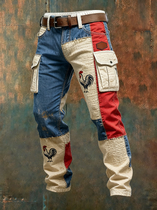 Hommes Vintage Drapeau Français Et Gallic Coq Imprimer Business Casual Pantalon De Travail