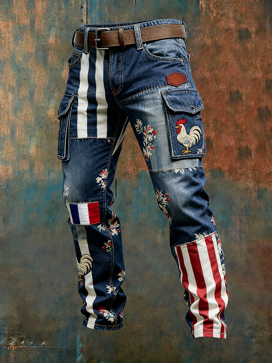 Hommes Vintage Drapeau Français Et Gallic Coq Imprimer Business Casual Pantalon De Travail