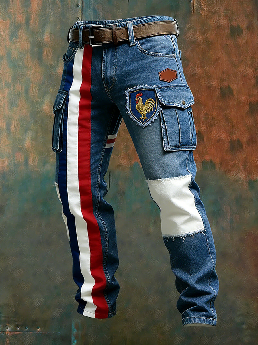 Hommes Vintage Drapeau Français Et Gallic Coq Imprimer Business Casual Pantalon De Travail
