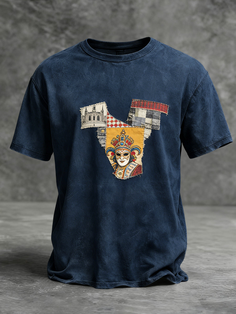Masque de carnaval rétro Patchwork Art T-shirt décontracté
